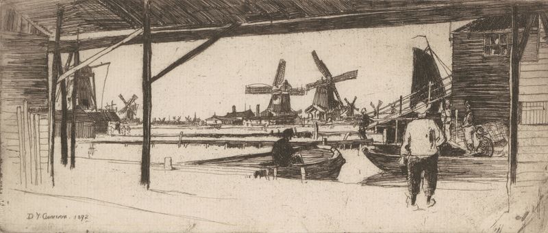 Zaandam Windmills de David Young Cameron, óleo sobre lienzo que representa un molino de viento contra un cielo apagado