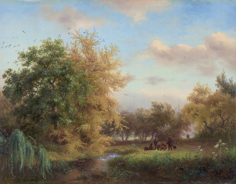 Landscape oil painting by Frederik Marinus Kruseman depicting golden fields under a fading sky.