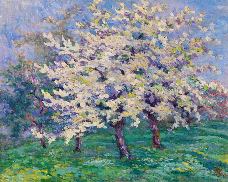 Oil painting by Willy Schlobach depicting apple trees in bloom with vibrant colors and shadows.