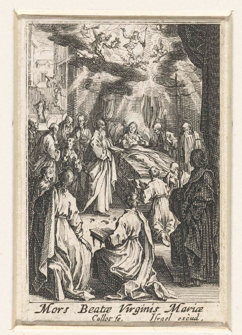 Gravura de Jacques Callot retratando a Virgem Maria em tristeza com vestes vibrantes.