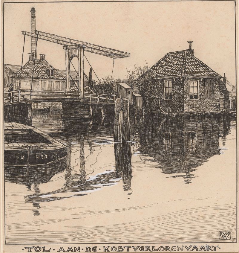 Paisaje de un canal en Ámsterdam de Willem Wenckebach, pintura al óleo