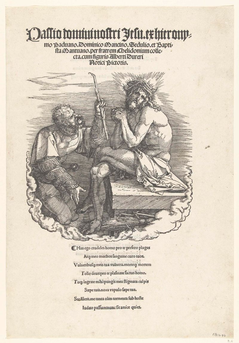 Gravura de Albrecht Dürer mostrando Cristo com uma coroa de espinhos e um soldado