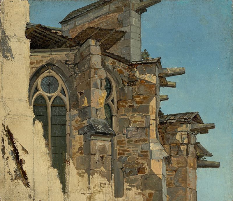 Der Altenberger Dom by Andreas Achenbach, oil painting of a dome under a dramatic sky.