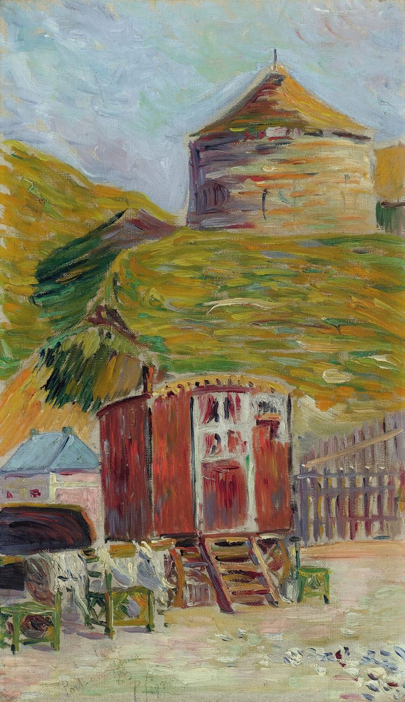 Port-En-Bessin, La Vieille Tour de Paul Signac, pintura al óleo que representa una torre costera y el mar.