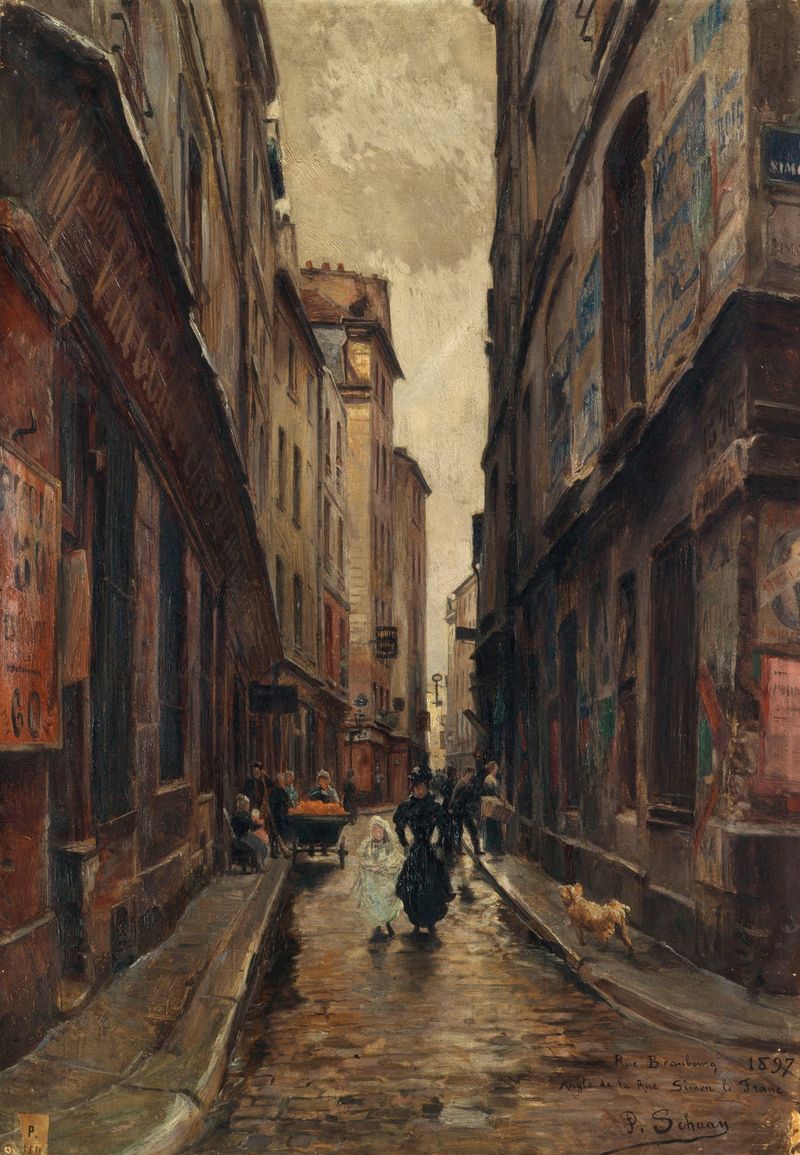 Genre scene depicting a street with a crowd at dusk, oil on canvas by Paul Schaan.