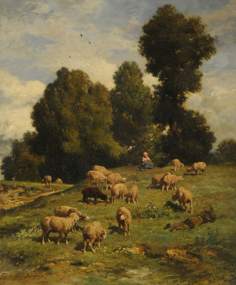 Moutons au pâturage, oil on canvas by Charles Emile Jacque depicting sheep in a lush landscape.