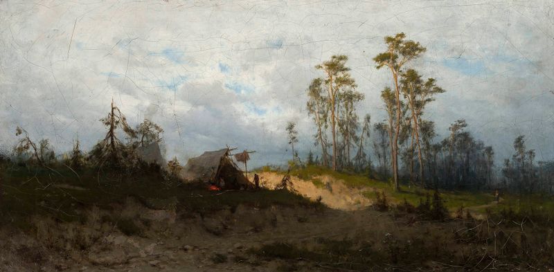 Gipsy tents in a vibrant landscape by Zygmunt Sidorowicz, oil painting