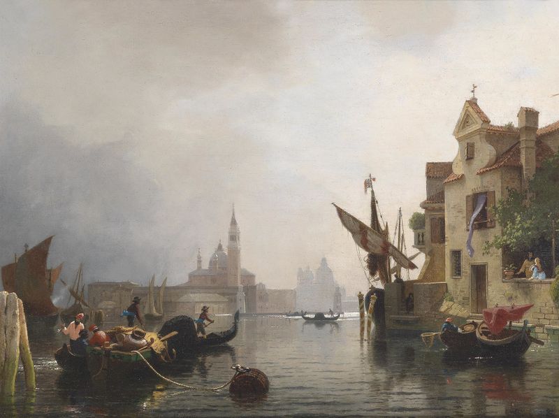 Venezianisches Capriccio by Ludwig Meixner, depicting a vibrant landscape with swirling clouds and Venetian architecture.