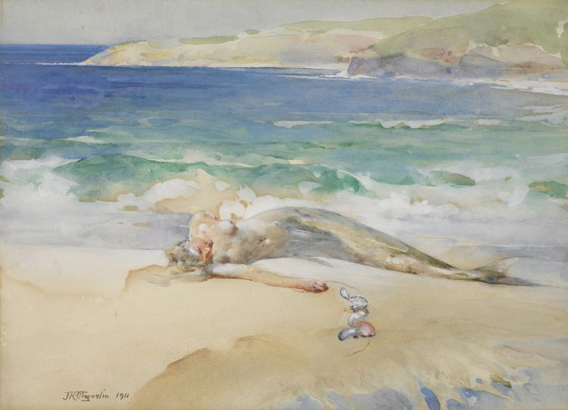 A Sereia Adormecida de John Reinhard Weguelin, pintura a óleo que retrata uma sereia serena cercada por cores oceânicas.