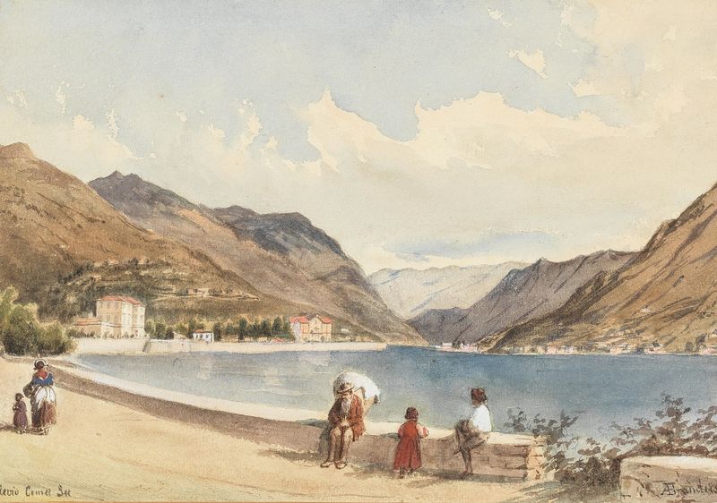 Blevio de Antonietta Brandeis, óleo sobre tela que retrata um lago sereno com montanhas e céu