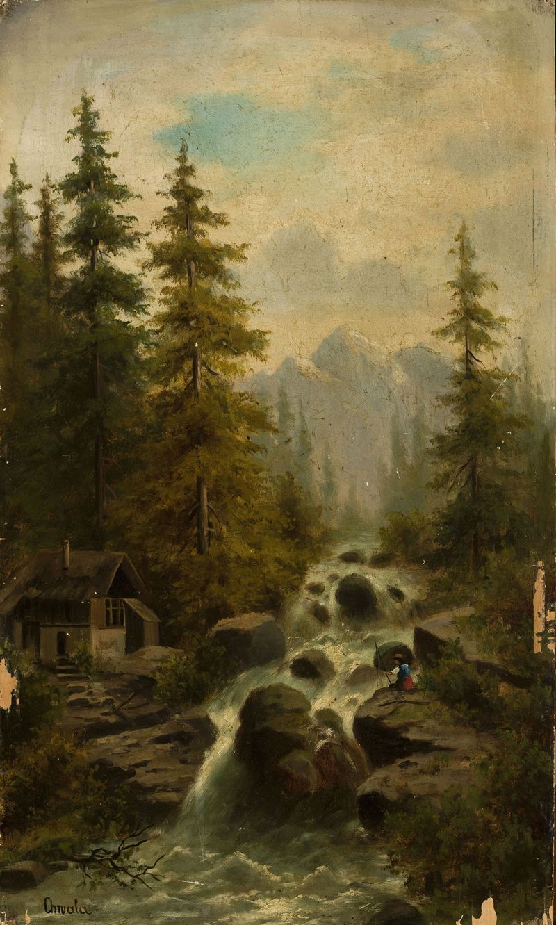Mountain landscape with a waterfall, oil on canvas by Adolf Chwala