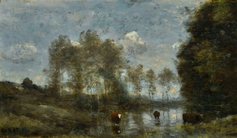 Trois Vaches Dans Un Marais de Jean-Baptiste-Camille Corot, óleo sobre tela que mostra vacas em um pântano tranquilo