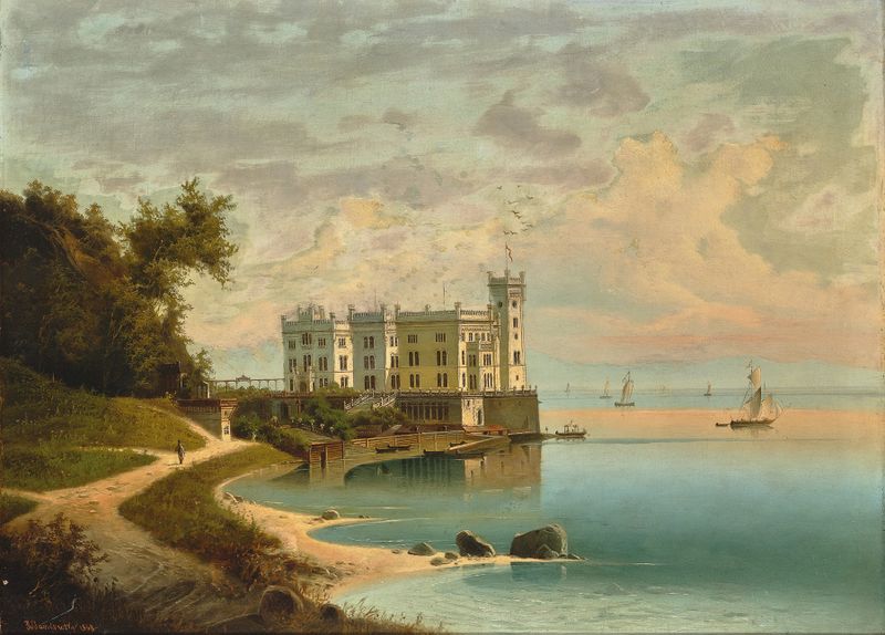 Schloss Miramare by Johann Wilhelm Jankowski, oil painting depicting a castle and garden
