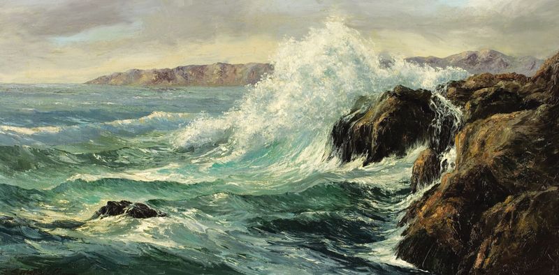 Rocky Seascape by Constantin Westchiloff, oil painting depicting crashing waves and rocky outcrops