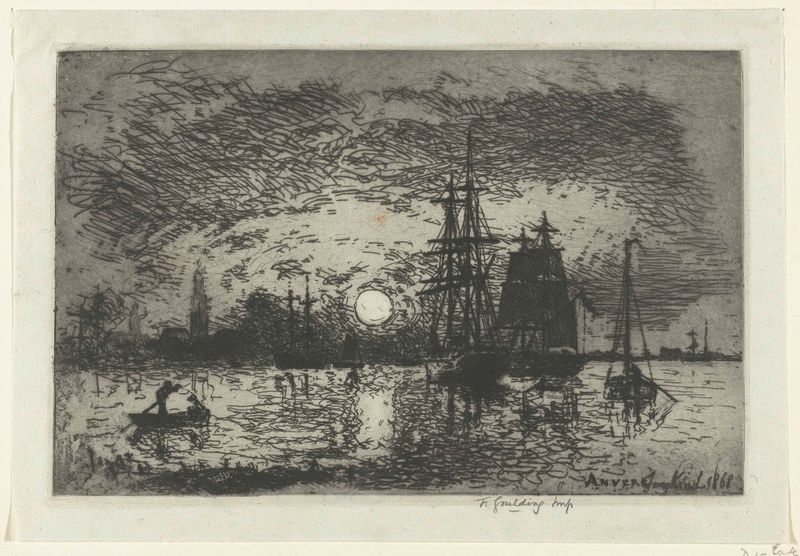 Gravura de Johan Barthold Jongkind que representa um pôr do sol sobre o porto de Antuérpia com barcos.