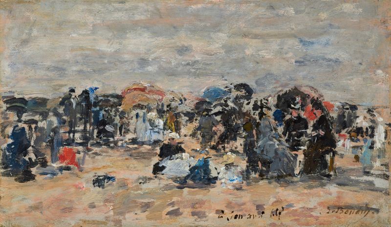 Escena marina con olas y playa de Eugène Boudin, óleo sobre lienzo