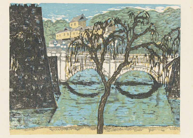 Nijubashi woodblock print by Onchi Kōshirō depicting a bridge over water