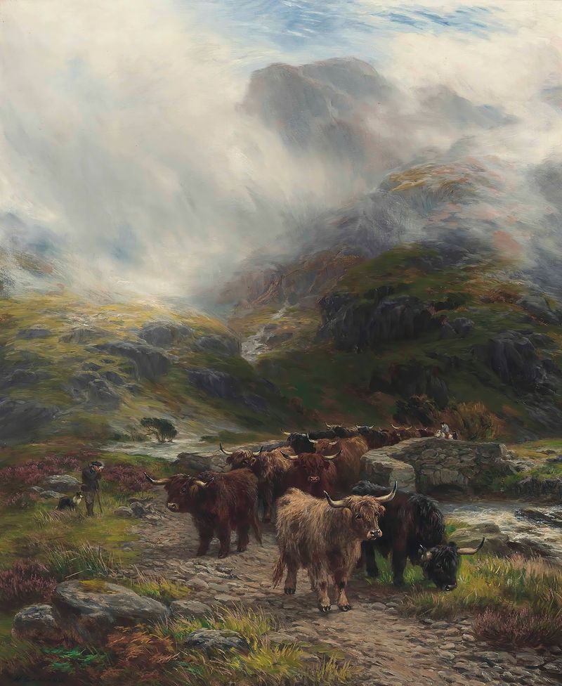 Highlanders Going South de Henry Garland, óleo que muestra figuras contra nubes turbulentas.