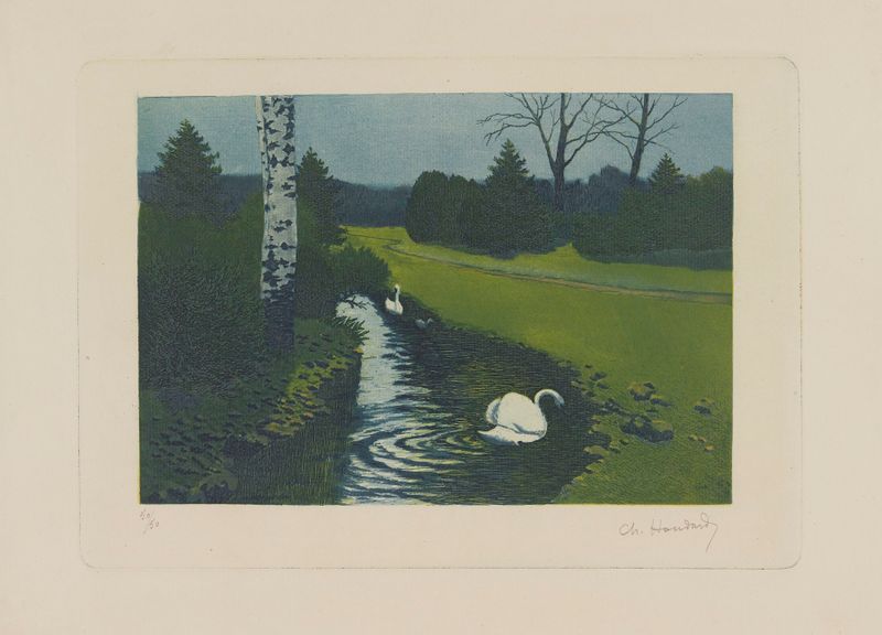 Au bois, cygnes sur un ruisseau by Charles-Louis Houdard, oil painting depicting swans on a stream.