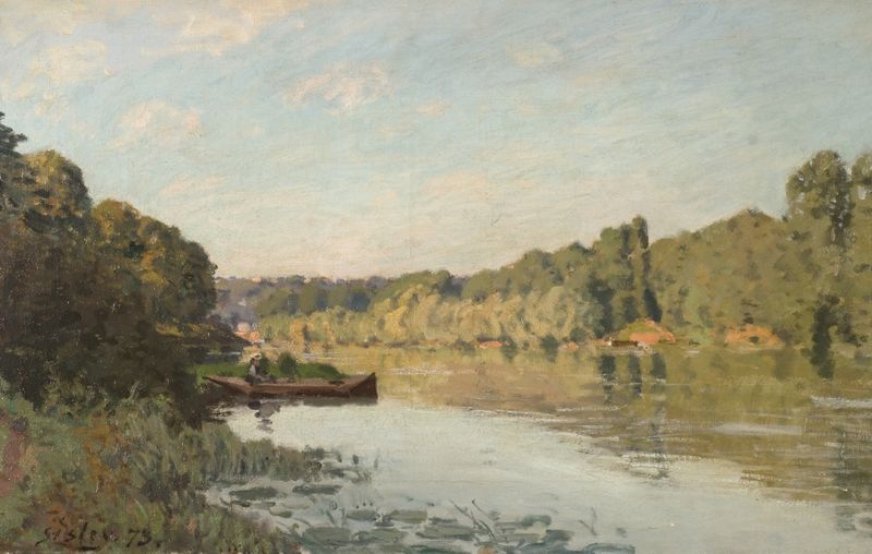 Paisaje de Bougival de Alfred Sisley, óleo sobre lienzo que representa un río y árboles.