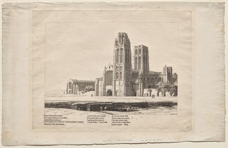 The Minster, óleo sobre tela de Frederick Landseer Maur Griggs, apresenta arquitetura de pedra intrincada e luz vibrante.