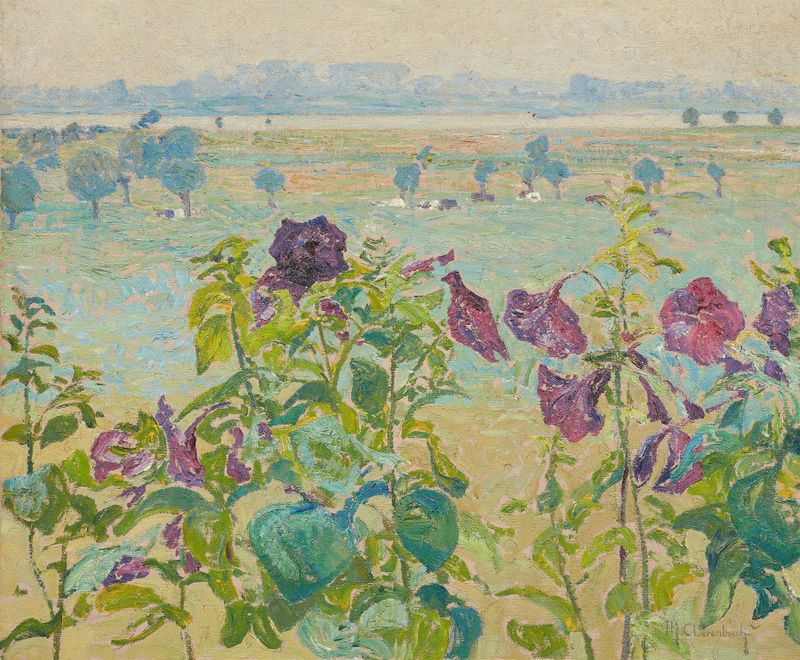 Oil painting by Max Clarenbach featuring stock roses and a river landscape