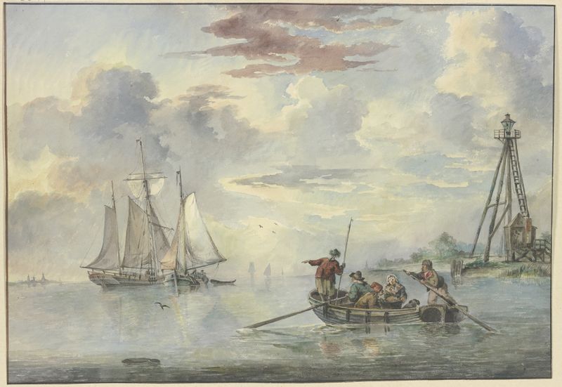 Oil on canvas by Leendert de Koningh depicting a boat approaching ships at dawn.