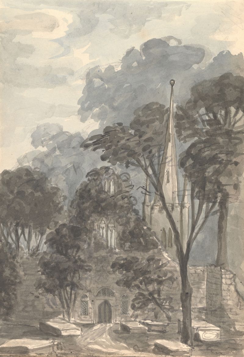Church at Birkenhead de Anne Rushout, óleo sobre lienzo que representa un paisaje sereno con luz suave.