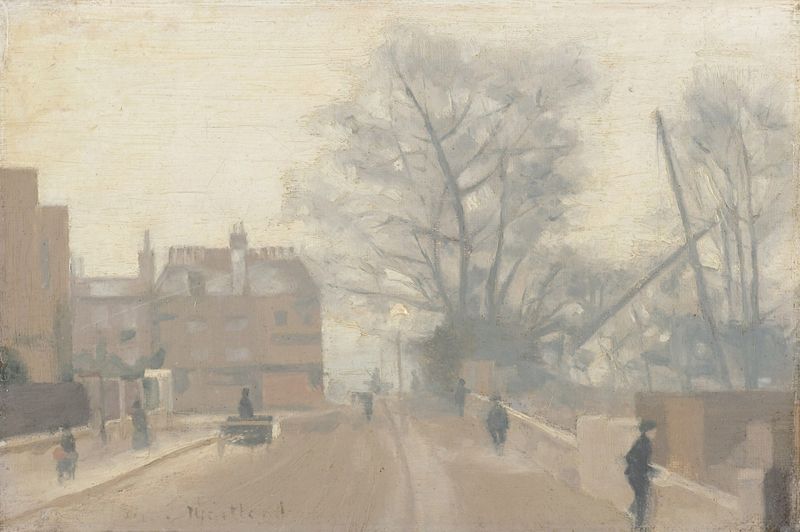 Cheyne Walk in Winter by Paul Fordyce Maitland, oil on canvas depicting a snowy landscape