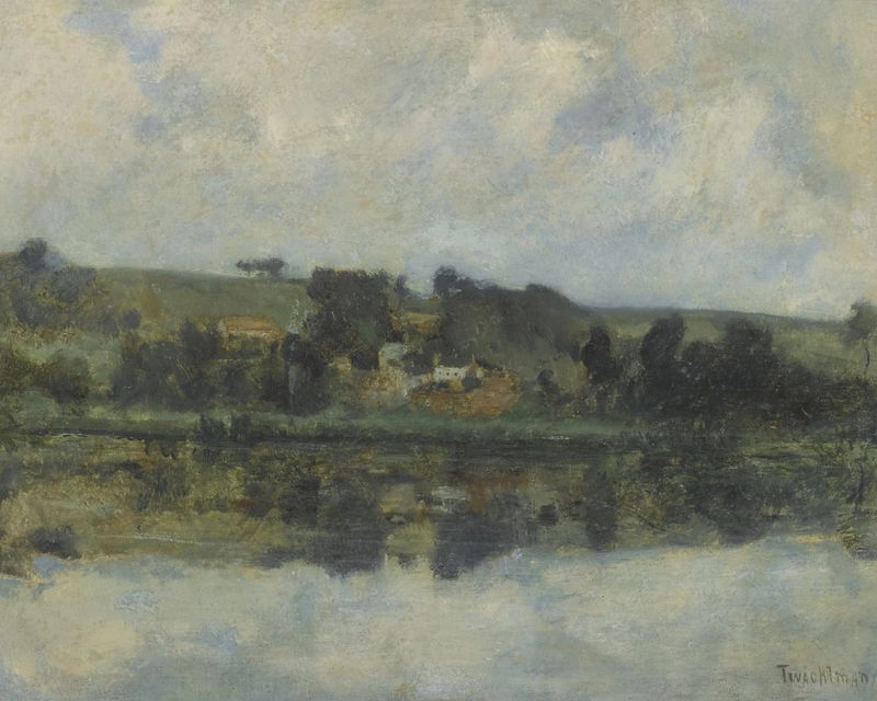 French River Scene de John Henry Twachtman, óleo que representa un paisaje fluvial tranquilo.