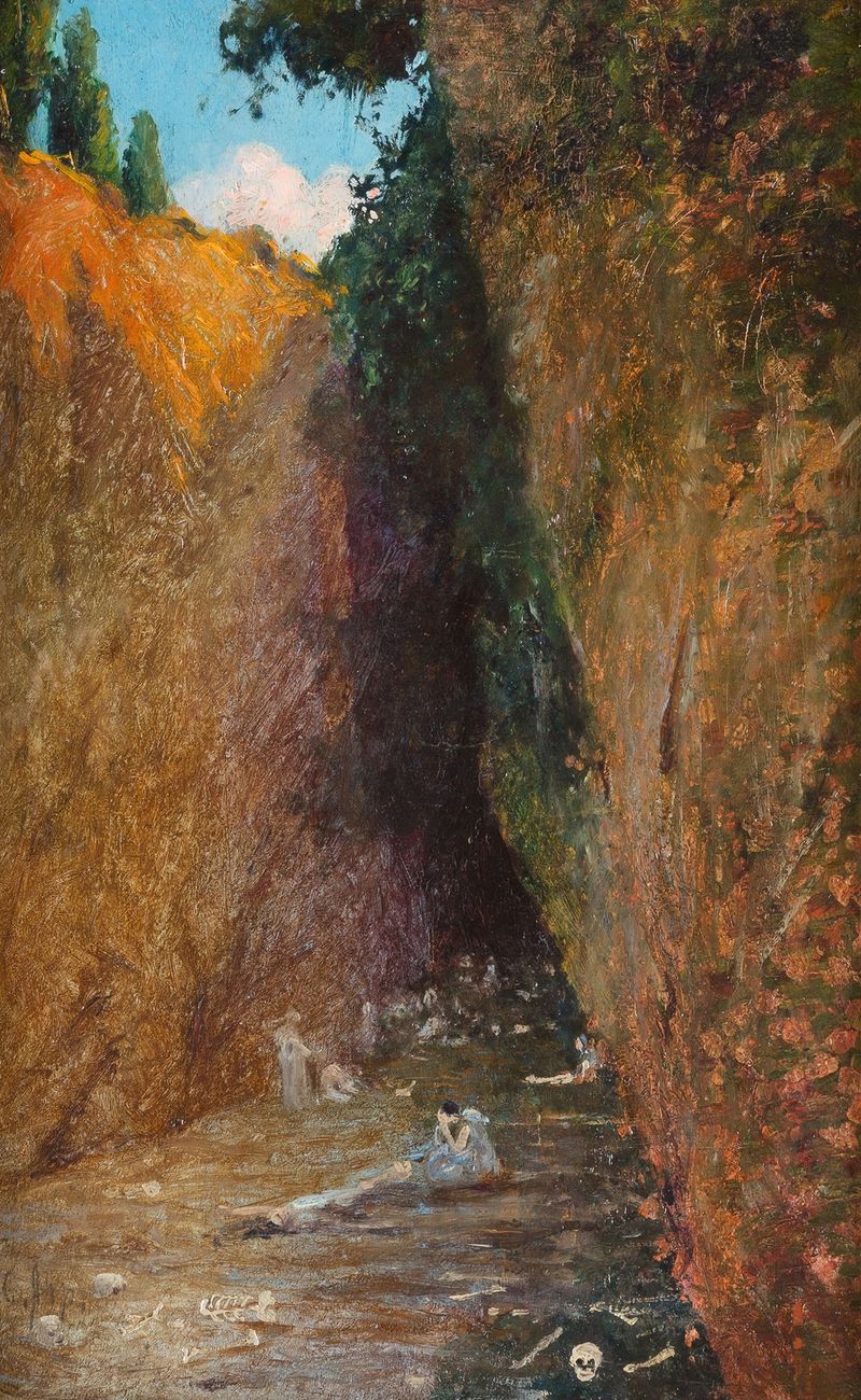 Paisagem expressionista de Carl Arp, com tons em espiral e pinceladas dinâmicas.