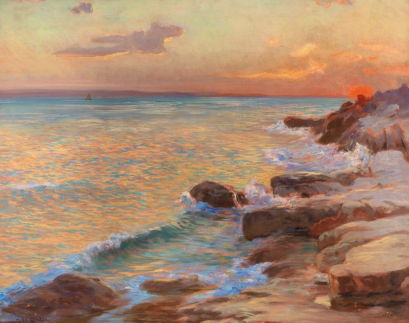 Sunset in Split by Menci Clement Crnčić, oil on canvas depicting a sunset over calm waters