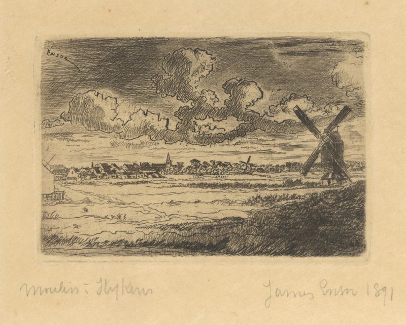 Molen te Slykens de James Ensor, óleo que muestra un molino al atardecer