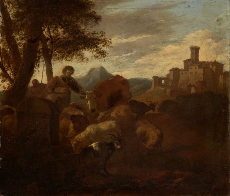 Hirten und Herde in südlicher Landschaft de Simon van der Does, pintura a óleo que mostra um pastor e seu rebanho em uma p...