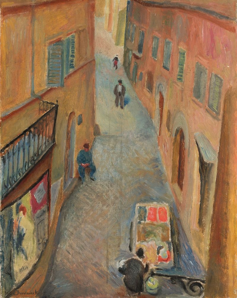 Cenário de crepúsculo de Kazimierz Chmurski, impressionismo, mostrando sombras e luz no pavimento.