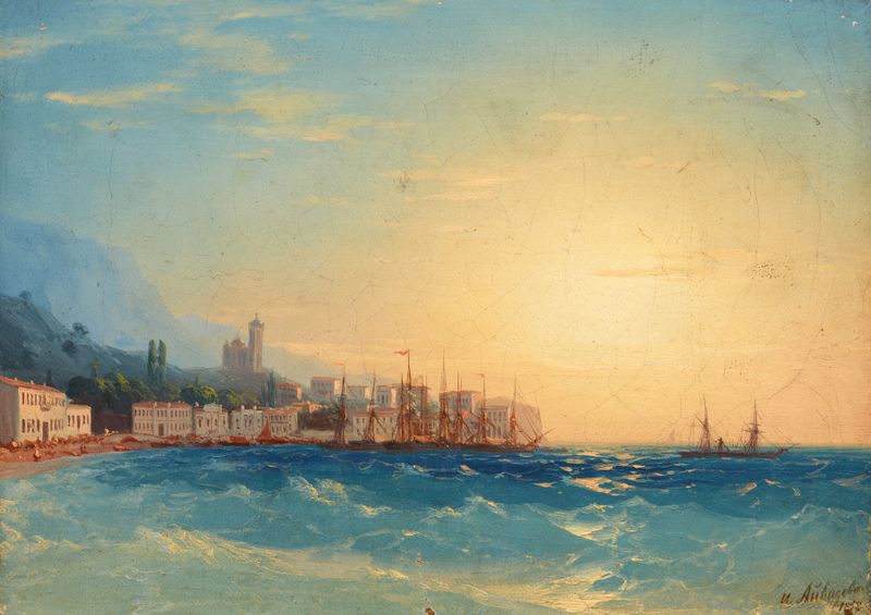 Porto com barcos, óleo sobre tela de Ivan Konstantinovich Aivazovsky, retratando barcos em um porto tranquilo