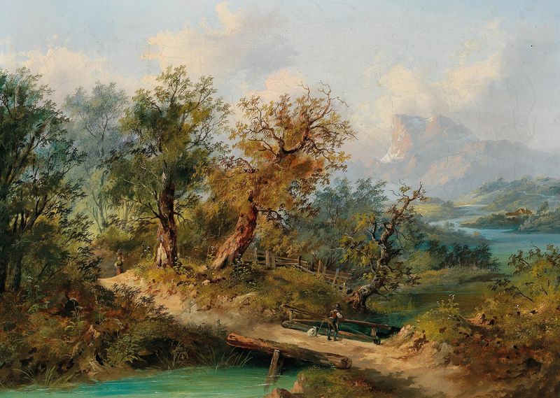 A mountainous landscape with a traveller on a wooden bridge, oil painting by Dominik Schufried