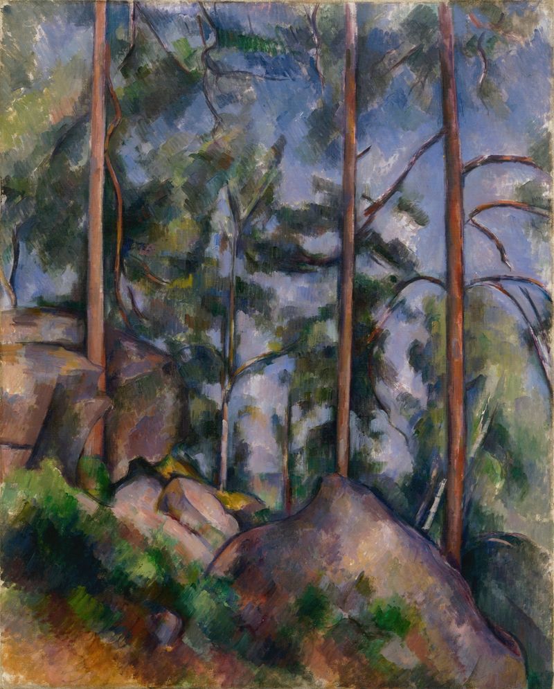 Pines and Rocks de Paul Cezanne, óleo sobre tela que retrata altos pinheiros e luz filtrada.