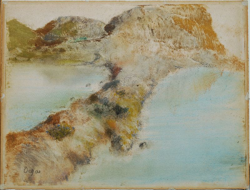 Pintura de costa rochosa de Edgar Degas com rochas irregulares e reflexos no mar.