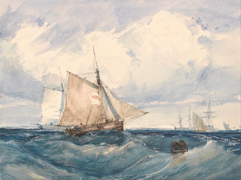 A Cutter and other shipping in a Breeze, oil on canvas by Richard Parkes Bonington