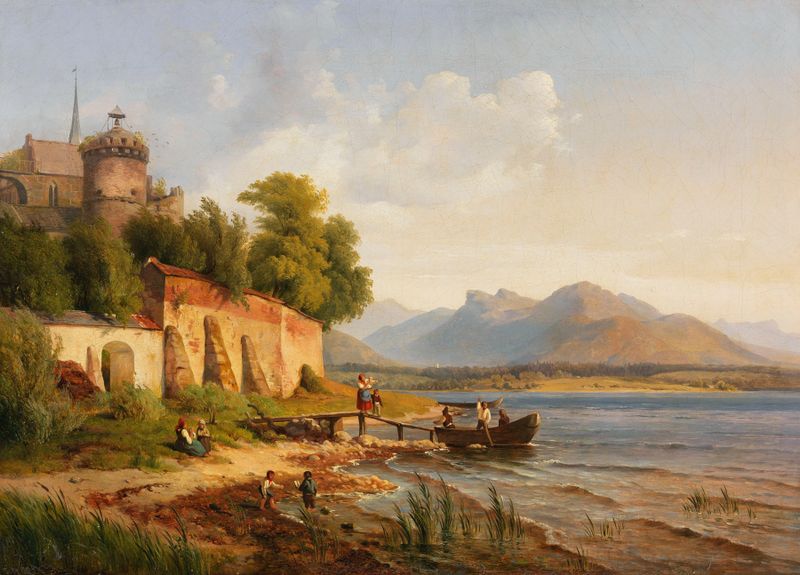 Coastline with figures, oil on canvas by Louis Gurlitt