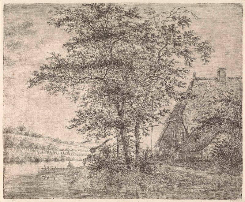 Landscape etching by Pieter Janson depicting a farmhouse, hills, and a well.