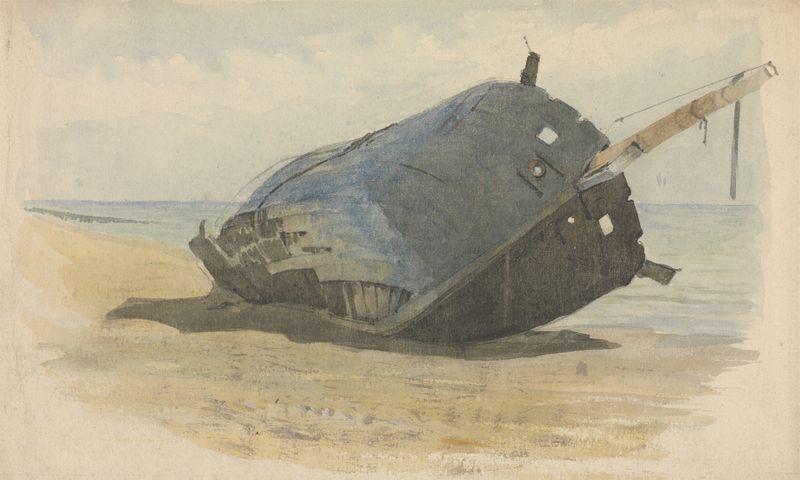 Hulk aground on beach by Edward Duncan, oil painting depicting a beached ship.