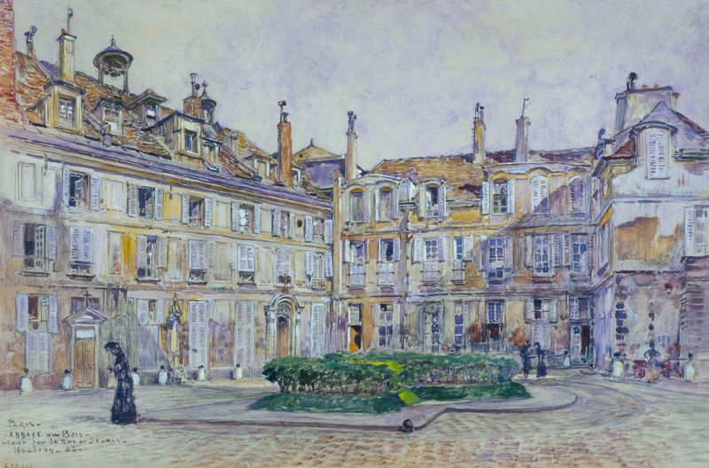 Escena interior de un patio de abadía, óleo sobre lienzo de Frédéric Houbron