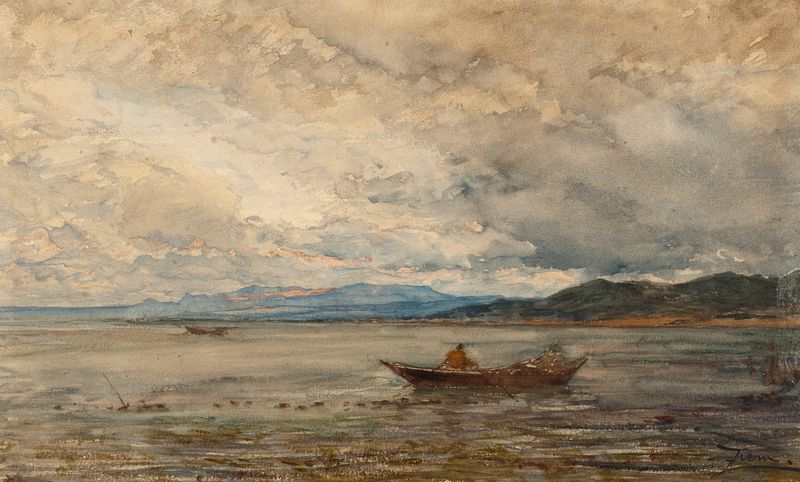 Paisaje de 'Fos, Environs De Martigues' de Félix Ziem, pintura al óleo que representa cielo y agua.