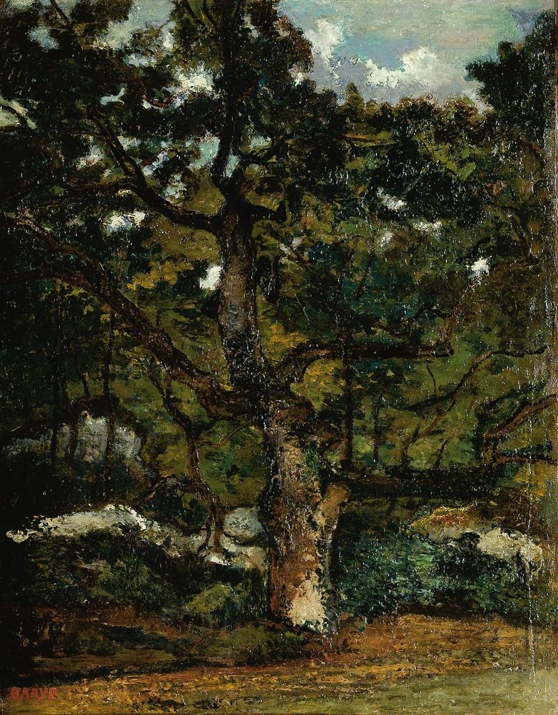 View Of The Fontainebleau Forest, oil on canvas by Antoine-Louis Barye, depicting a lush forest with dappled light.