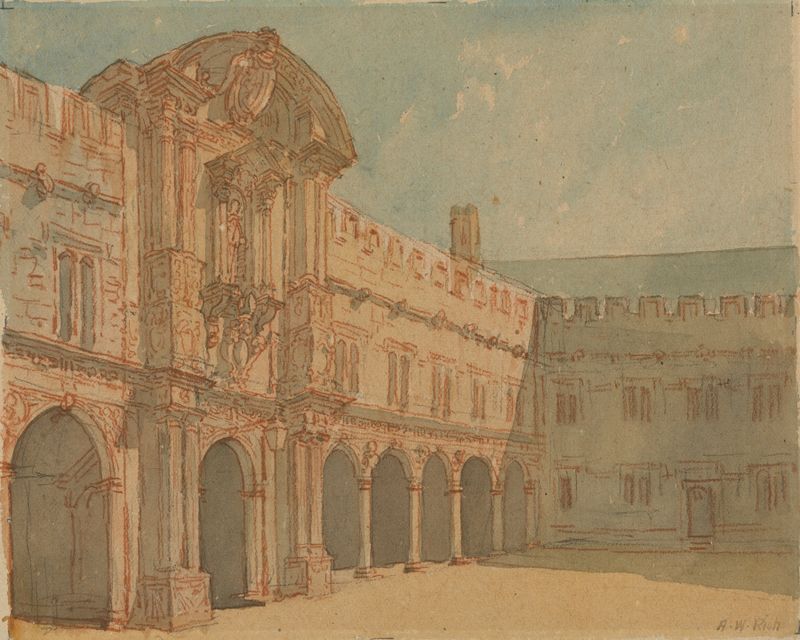 St. John’s College, Oxford de Alfred William Rich, pintura a óleo que mostra as torres do colégio refletidas em um rio.