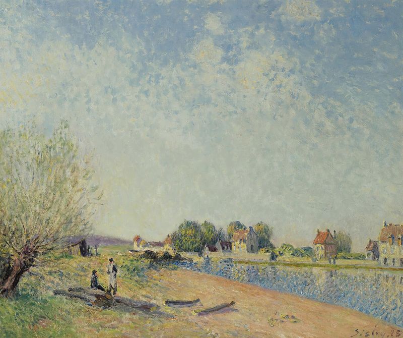 Le Canal Du Loing À Saint-Mammès, pintura a óleo de Alfred Sisley retratando uma paisagem de rio tranquila.