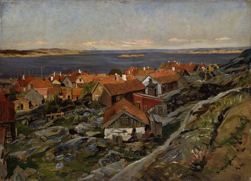 Paisaje costero en óleo de Gerhard Munthe con suaves matices y olas suaves.