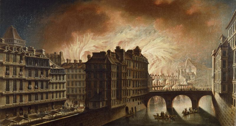 L’incendie de l’Hôtel-Dieu en 1772, oil on canvas by Nicolas Jean-Baptiste Raguenet depicting a city in flames.